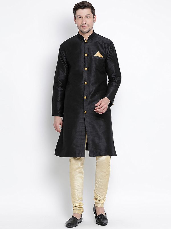 Silk Blend Sherwani With Churidar Pajama