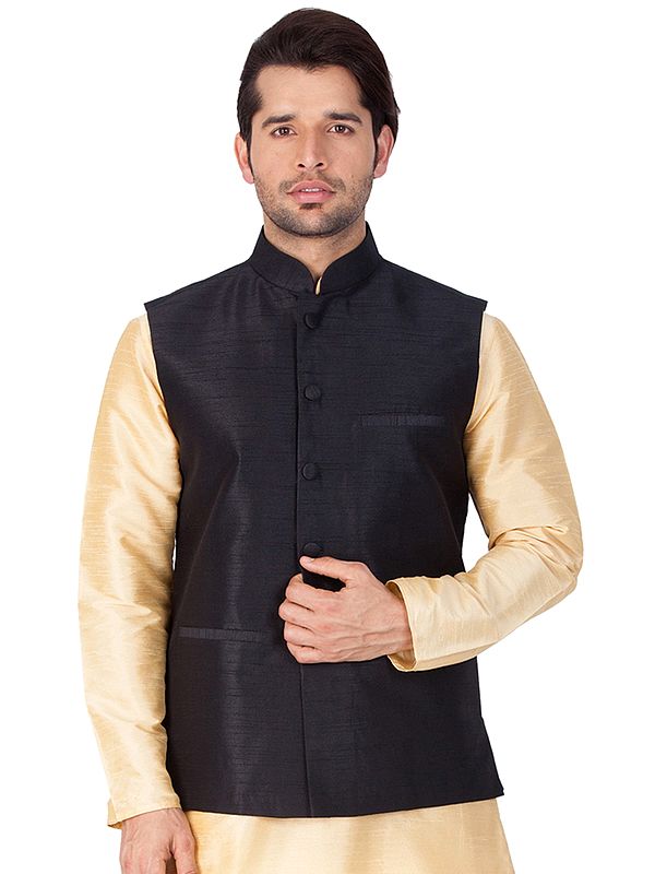 Silk Blend Wedding Plain Modi Jacket With Front Pockets