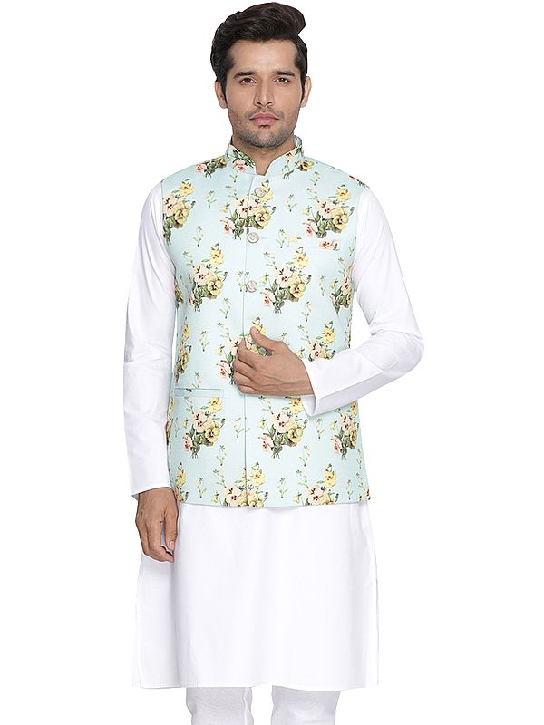 Lime-Green Cotton Blend Floral Pattern Digital Printed Modi Jacket