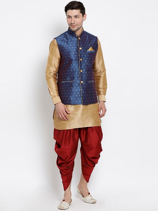 Cotton Blend Golden Short Kurta and Maroon Dhoti and Navy-Blue Modi Jacket