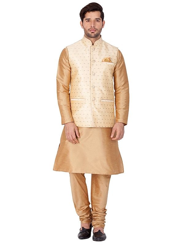 Silk Blend Golden Kurta and Churidar Pajama and Modi Jacket