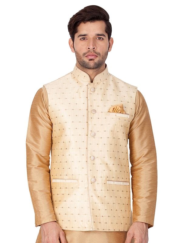 Silk Blend Traditional Modi Jacket with Square Butti Woven