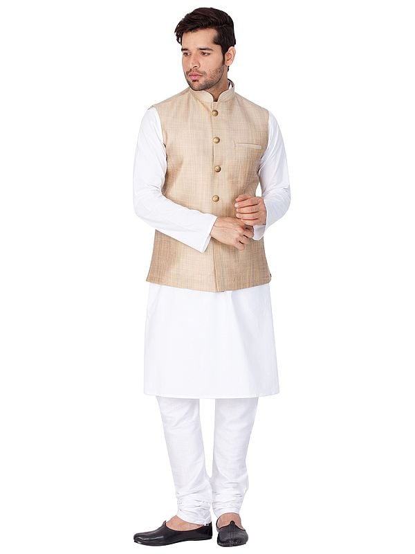 White Pure Cotton Plain Kurta Pajama With Cotton Silk Beige Jacket