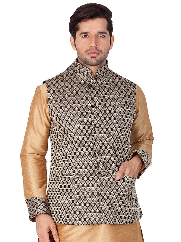 Silk Blend Banarasi Brocade Woven Jacquard Modi Jacket with Zari Butta