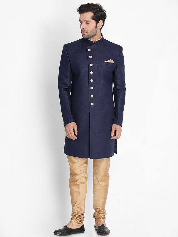 Polyester Lurex Blend Indo-Western Style Sherwani with Silk Blend Churidar Pajama
