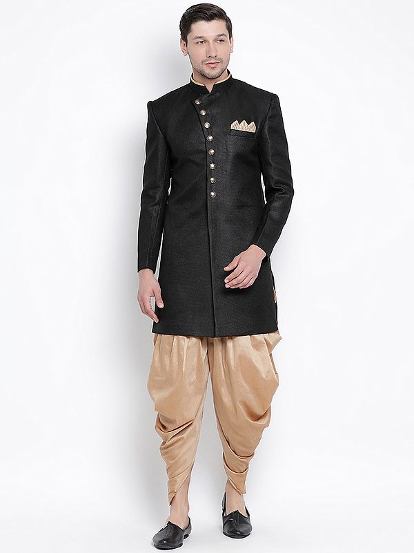 Polyester Lurex Blend Black Sherwani with Rose Gold Silk Blend Patiala Style Dhoti