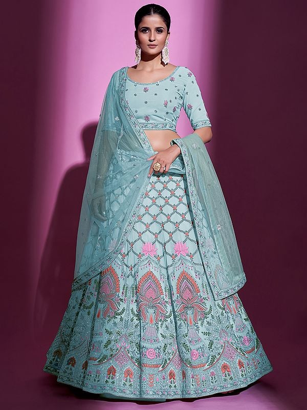 Pista-Green Meena Flower Pot Motif Georgette Lehenga Choli with Zari, Thread, Stone Embroidery and Soft Net Dupatta