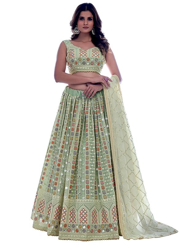 Pista-Green Georgette Lehenga Choli with African Pattern Multicolor Sequins-Thread Embroidery and Dupatta