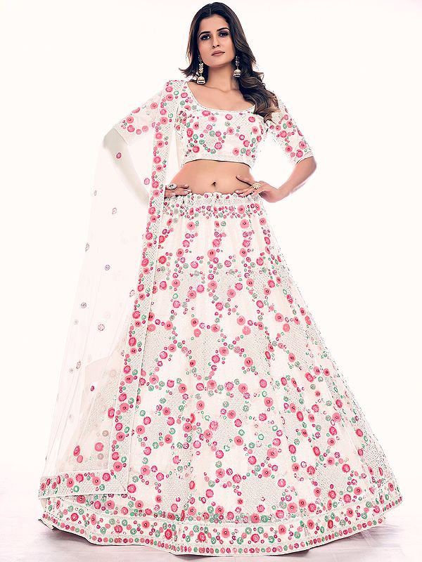 Lehenga Choli Set in Soft Net with Zarkan Embroidered Floral Meena Pattern and Sequins Work