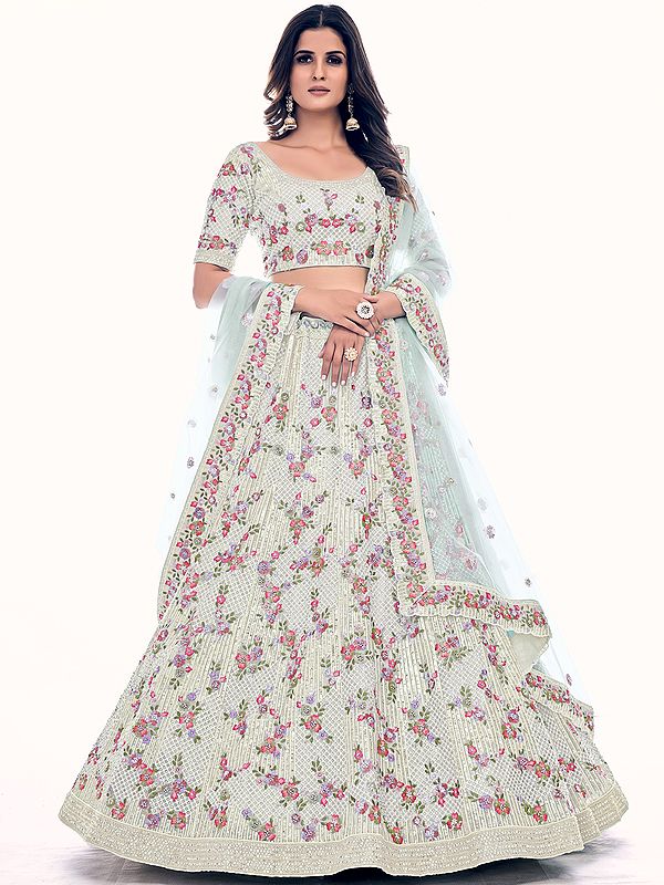 Soft Net Floral Creepers Pattern Lehenga Choli with Dori, Thread, Sequins, Zarkan Embroidery, and Dupatta