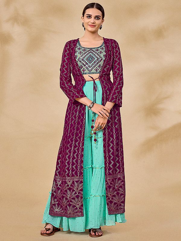 Georgette Turquoise Sharara Suit with Chevron-Laddi Pattern Thread-Sequins Work and Soft Net Wine Jacket