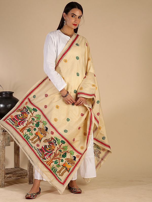 Semi Tussar Kantha Dupatta in Lamb’s-Wool Color from Bengal with Village Festival Motifs
