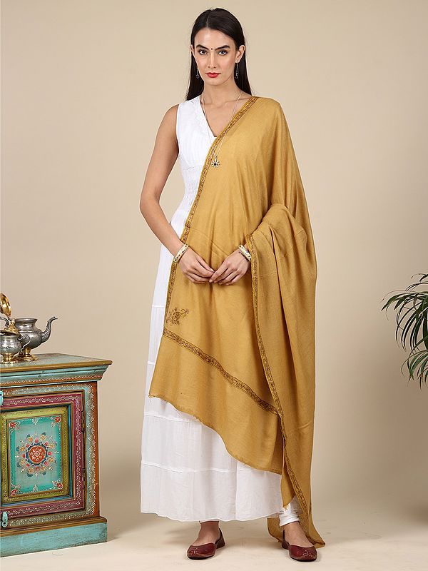 Hand-Embroidered Sozni Shawl with Diamond Weave and Floral Vine Pattern Border from Kashmir