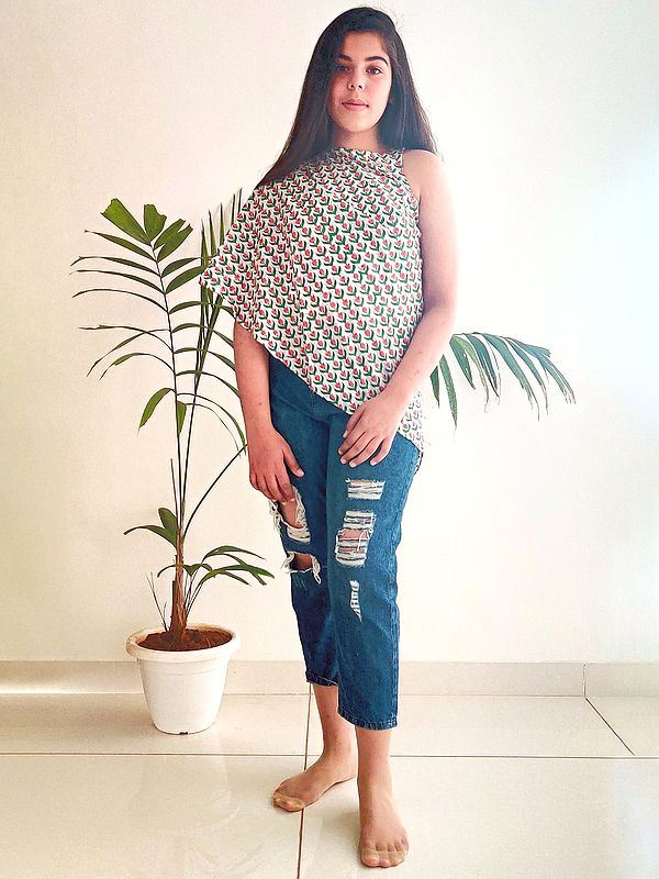 Multicolor Cotton Asymmetrical Top with Print Bail Pattern
