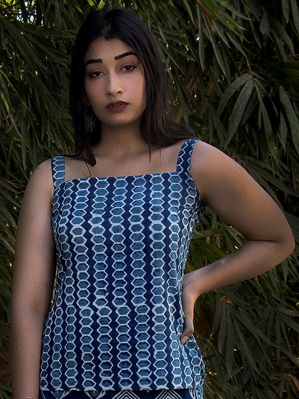 Blue Cotton Deep Midnight Printed Top | Dresses for Women