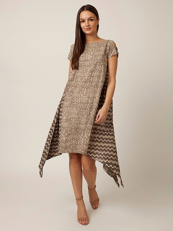 Brown Cotton Side Gathers Printed Dress with Asymmetrical Hem
