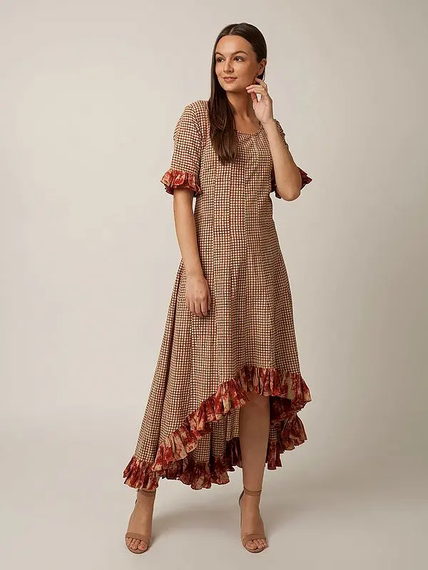 Cream Cotton Check Pattern Printed Gown with Hi-Low Ruffled Bottom