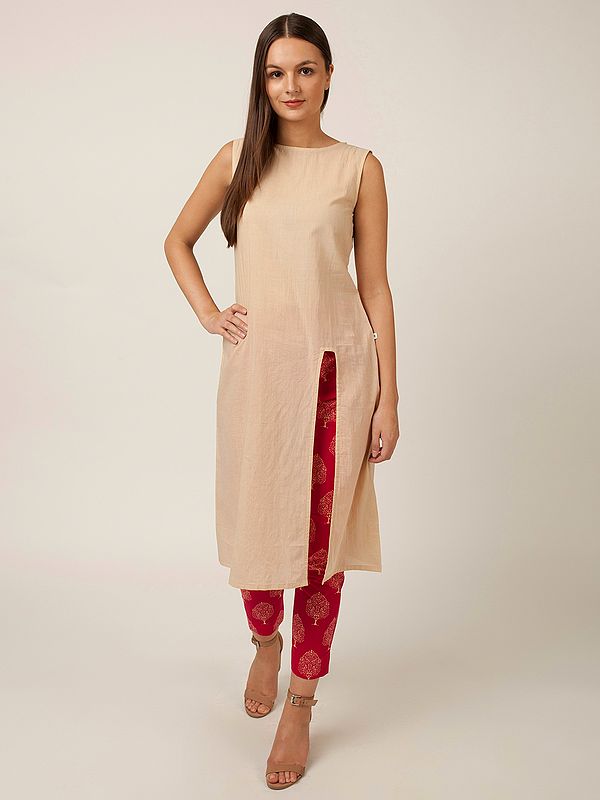 Cotton Front Slit Kurta with Printed Straight Pant