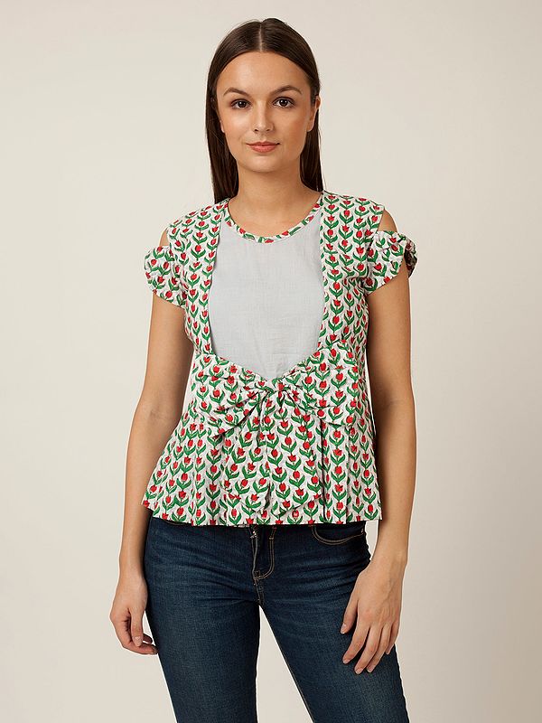 Cotton Floral Bail Printed Peplum Style Bow Top