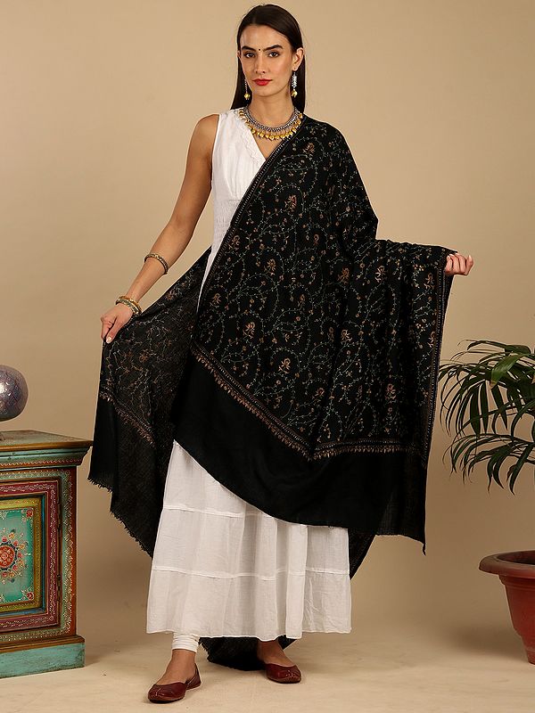 Moonless-Night All-Over Hand-Embroidered Pure Wool Sozni Shawl with Floral Jaal Pattern
