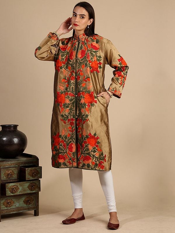 Art Silk Long Jacket from Kashmir with Aari-Embroidered All-Over Giant Floral Vine