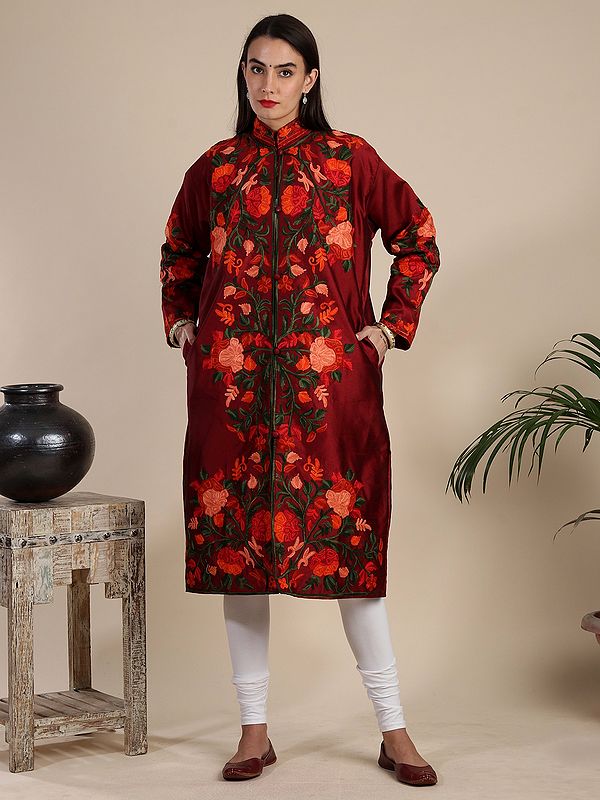 Art Silk Long Jacket from Kashmir with Aari-Embroidered All-Over Giant Floral Vine