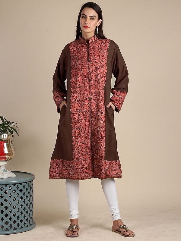 Brown All-Over Aari-Embroidered Floral-Kalka Pattern Wool Long Jacket from Kashmir