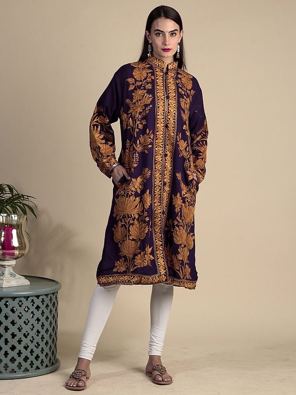 Violet-Indigo All-Over Aari-Embroidered Giant Phool Bail Motif Wool Long Jacket from Kashmir