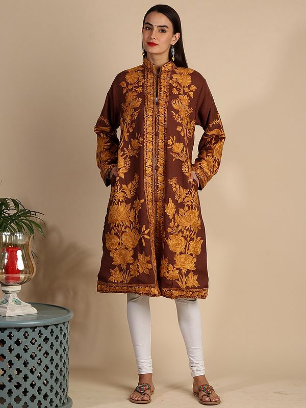 Cocoa-Brown Long Wool Jacket from Kashmir with Aari-Embroidered Giant Leaves and Flowers All-Over