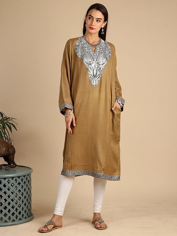 Medal-Bronze Pure Wool Tilla Phiran with Kalka Motif Thread Embroidered Patch on Neck from Kashmir