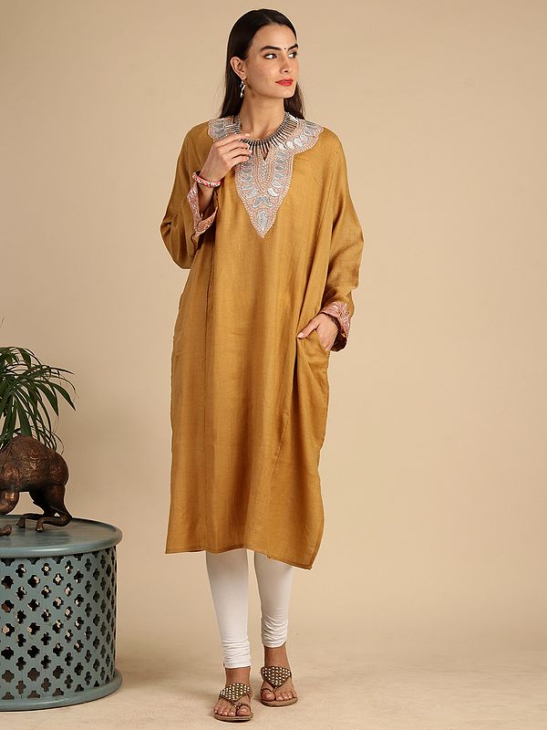 Apple-Cinnamon Pure Wool Phiran with Patch Tilla Paisley Silver Butta Embroidery on Neck from Kashmir