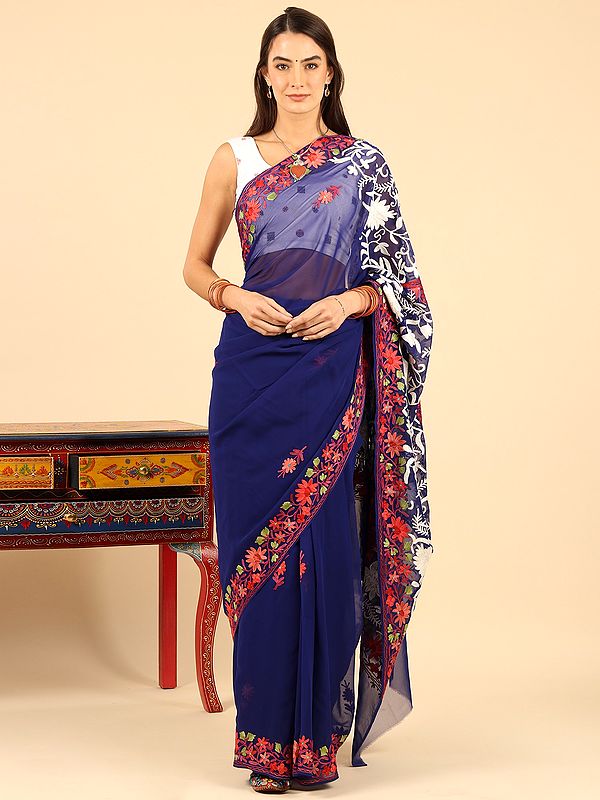 Deep-Cobalt Georgette Kashmiri Sari with Aari-Embroidered Maple Leaf Vine Motif