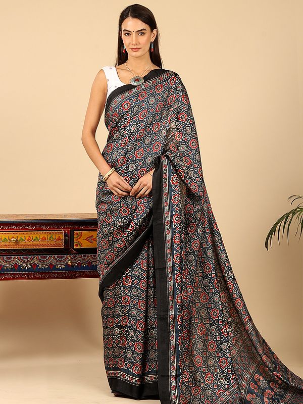 Moonlight-Blue Crepe Shimmer Fabric Ajrakh Pattern Digital Printed Saree with Tassels