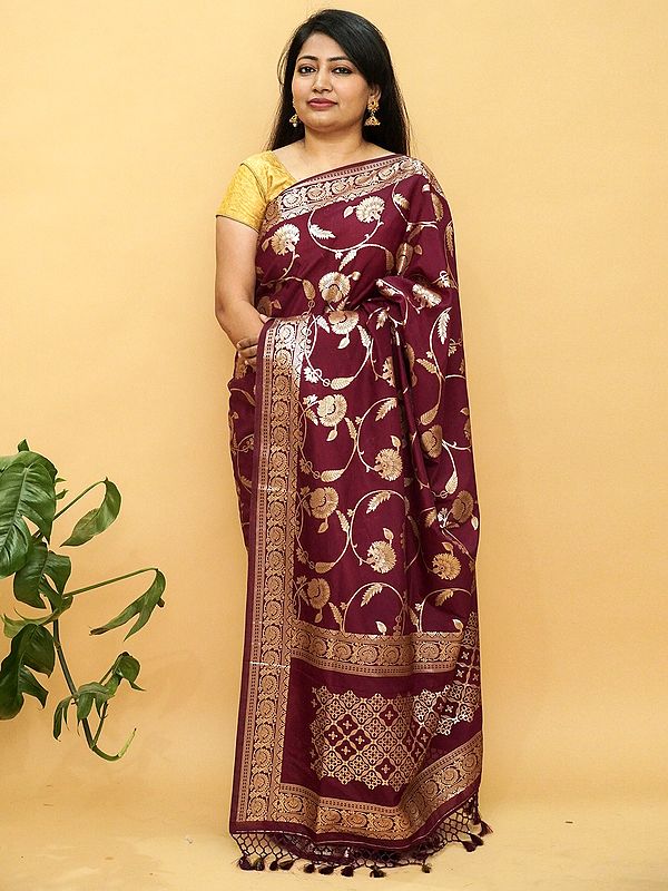 Designer Heavy Silk Jaal Pattern Banarasi Saree With All-Over Zari Work And Tassel Pallu