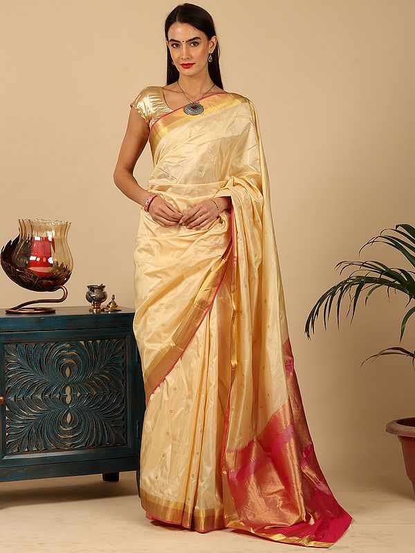 Summer-Melon Pure Banarasi Silk Handloom Sari With Butti And Contrast Pink Brocaded Pallu