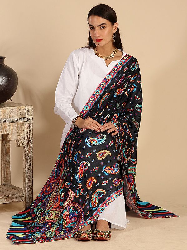 Black Silk Wool Kani Stole with Multicolor Paisley Digital Print Outlined with Kalamkari