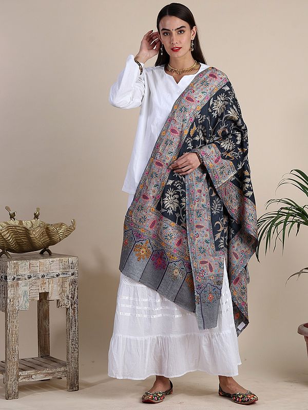 Black Finewool Kalamkari Digital Floral Print With Manual Embroidered Stole