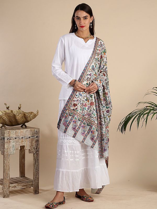 White-Onyx Pure Wool Shawl with Multicolor Floral-Paisley Vine Kalamkari and Manual Embroidery