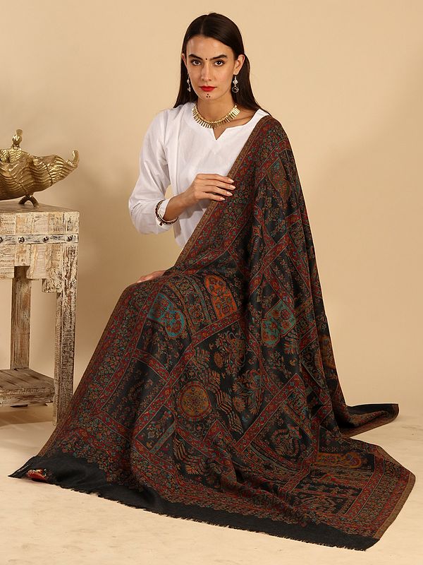 Bristol-Black Wool Antique Design Kani Shawl Form Kashmir