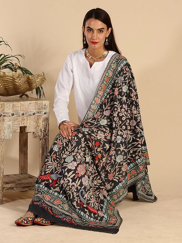 Fine Wool Kalamkari Stole with Peacock-Floral Vine Digital Print and Manual Embroidery on All-Over