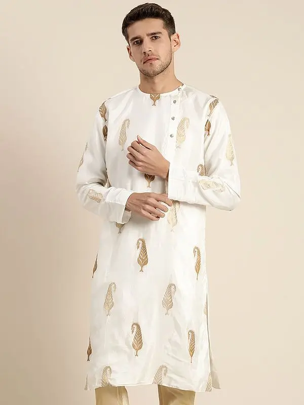 White Silk Blend Mango Motif Round Neck Kurta