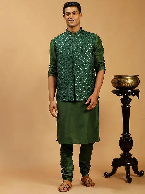 Silk Blend Plain Kurta Pajama With Sequins Work Nehru Jacket