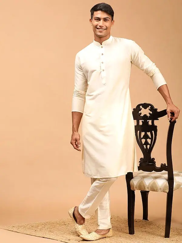 Cream Viscose Plain Kurta with Pant Style Pajama
