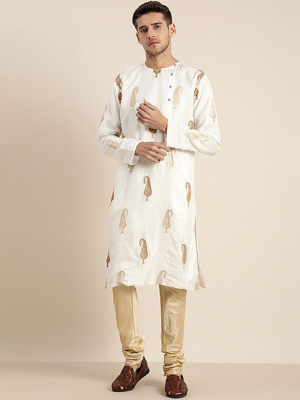 Silk Blend Mango Motif White Kurta and Golden Churidar Pajama