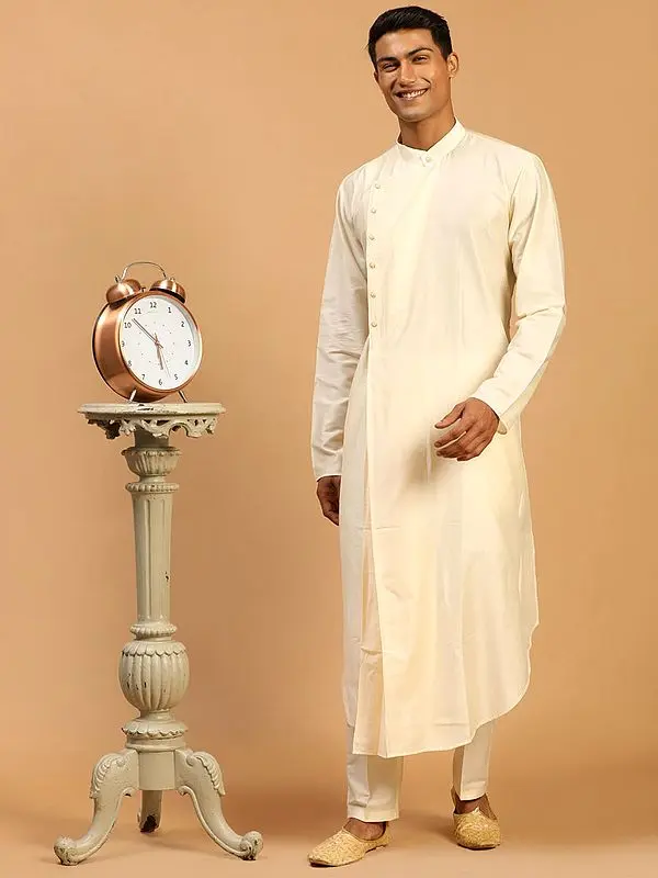 Cream Cotton Blend Draped Style Plain Kurta Pajama Set