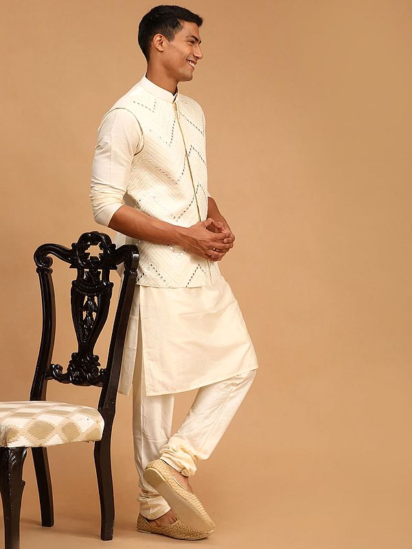 Viscose Cream Kurta Pajama And Mirror Embroidery Chevron Pattern Nehru Jacket