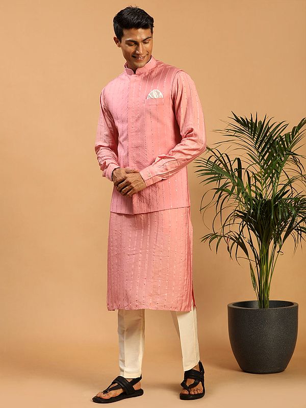 Cotton Blend Stripe Pattern Sequins Work Pink Kurta & Jacket with Viscose Pant Style Cream Pajama