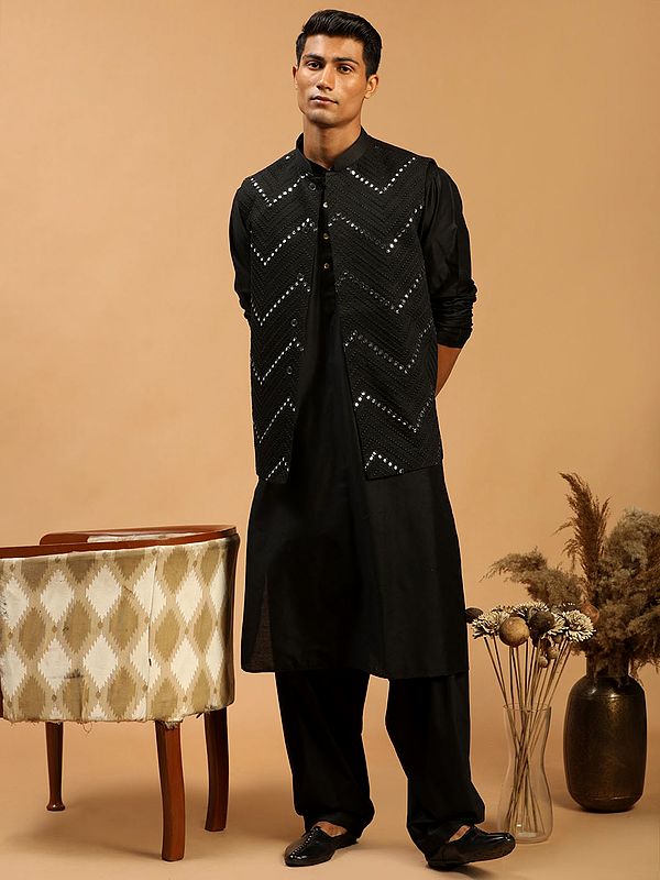 Viscose Kurta Patiala Set for Men with Mirror Work Chevron Pattern Jacket