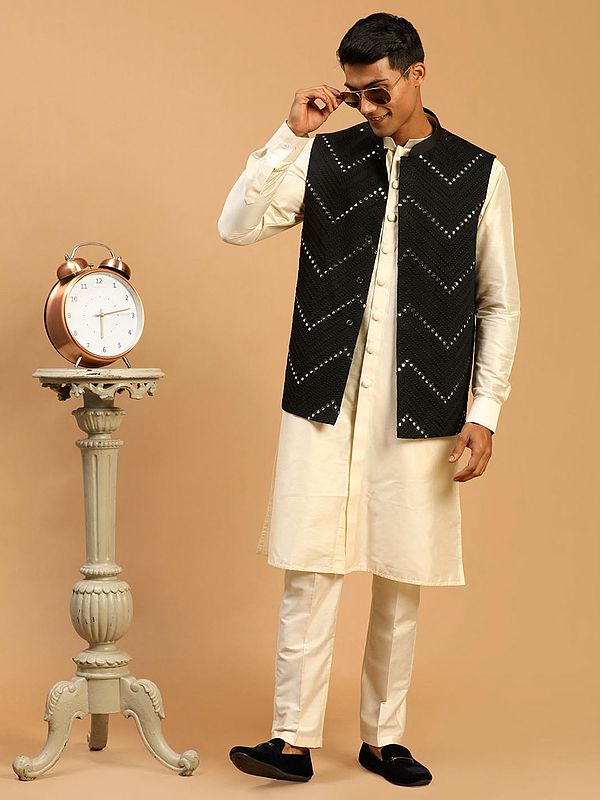 Viscose Kurta With Pant Style Patiala Set With Mirror Work Chevron Pattern Jacket