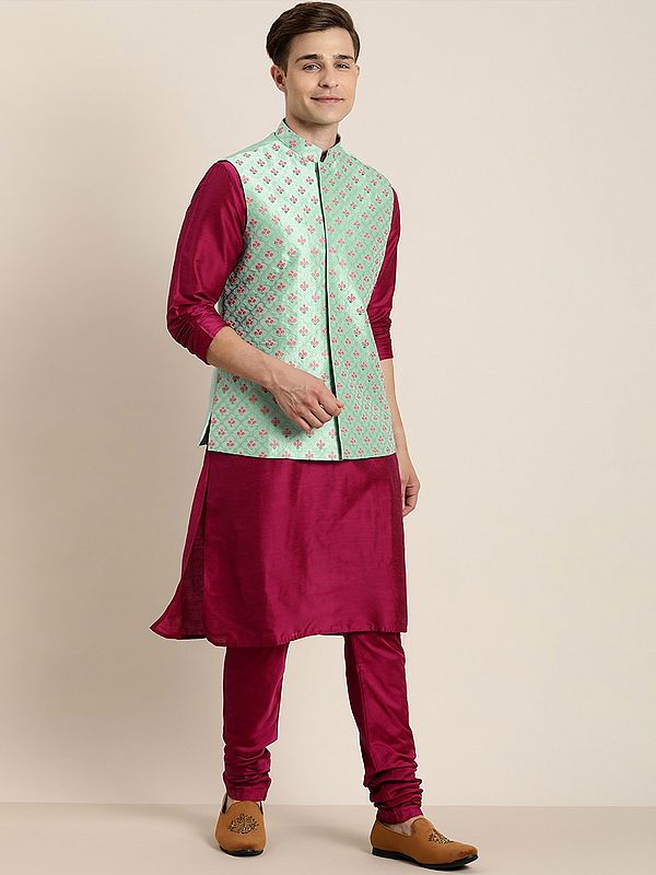 Pink Poly Viscose Kurta Pajama With Floral Butta Thread Work Silk Blend Mint-Green Nehru Jacket